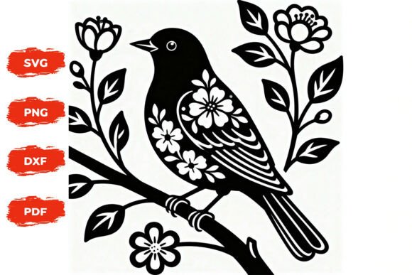 Floral Bird SVG Cut File Black and White