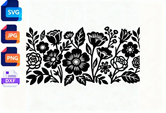 Floral Border SVG Cut File Black Flowers