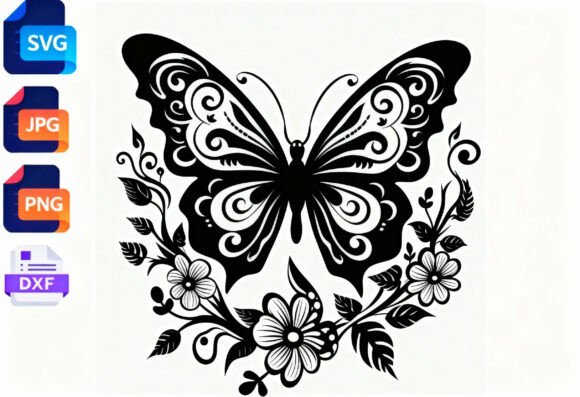 Floral Butterfly SVG Cut File Black
