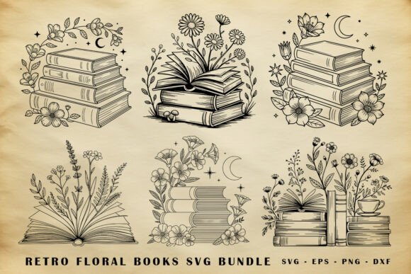 Retro Vintage Floral Books SVG Bundle